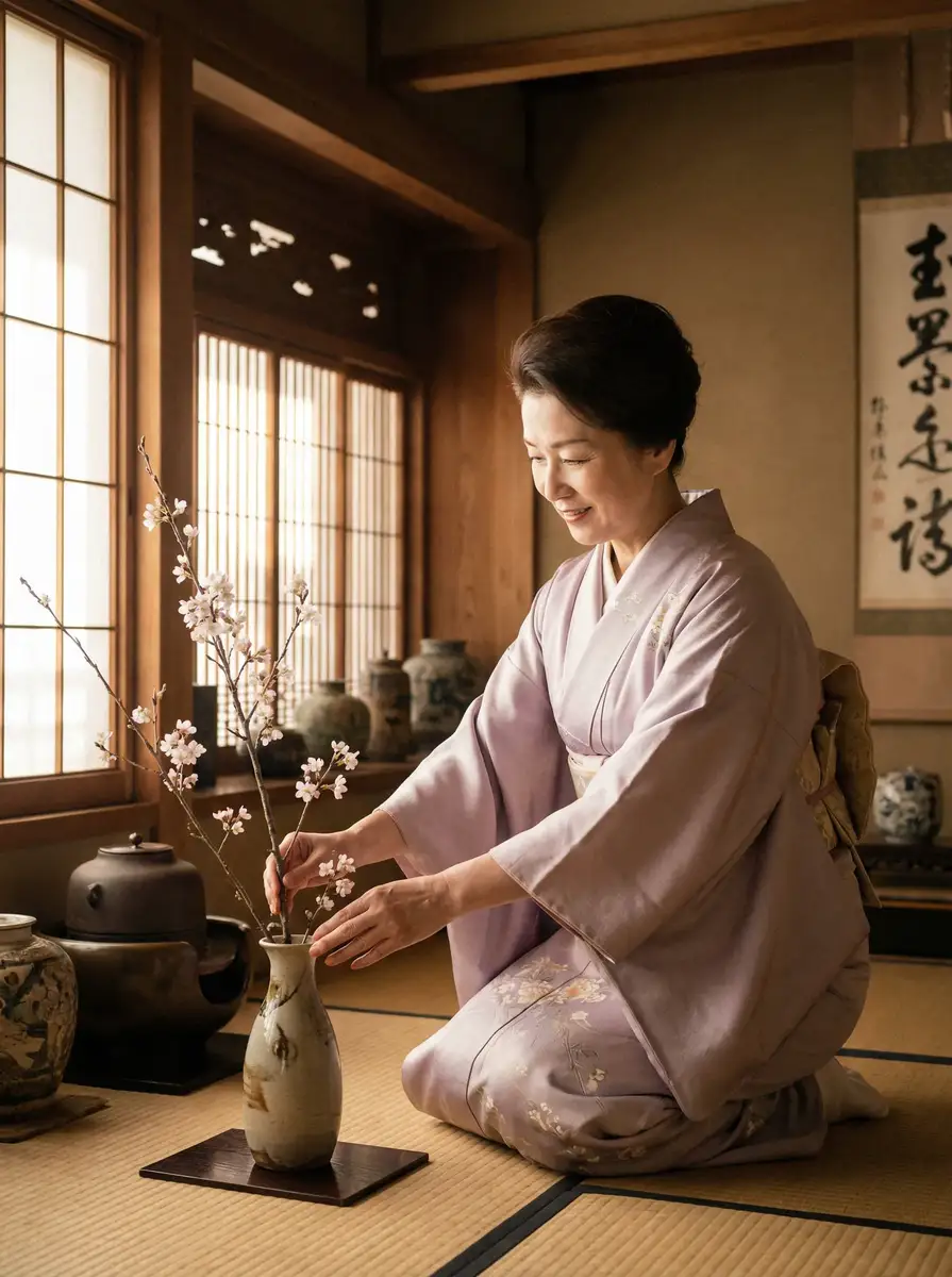 一位优雅的 涩涩屋 在和室中插花